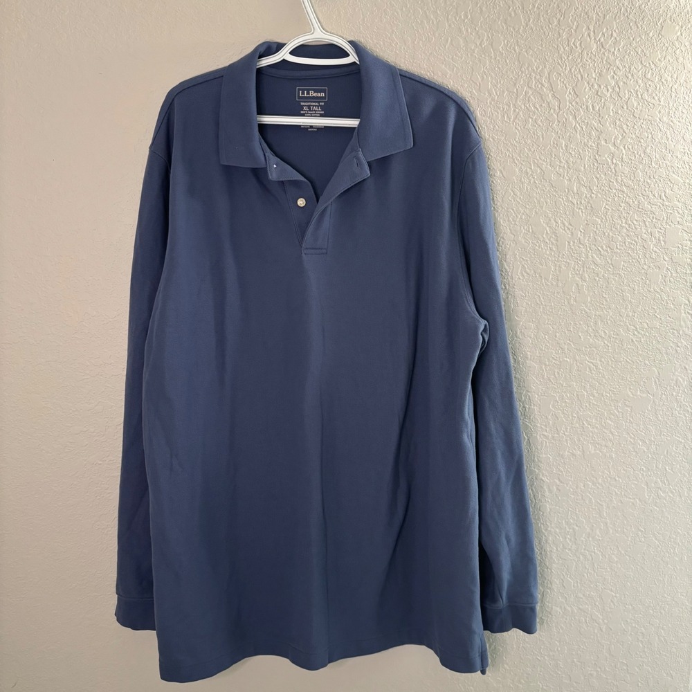 LL Bean Men XL Tall Blue Cotton Long Sleeve Polo Shirt Traditional Fit 300460